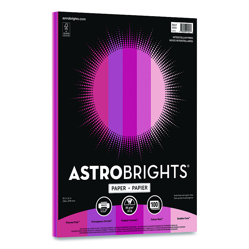 Astrobrights Color Paper - "Interstellar Pinks" Assortment, 24 lb Bond Weight, 8.5 x 11, Assorted Pink Colors, 100/Pack (91531)
