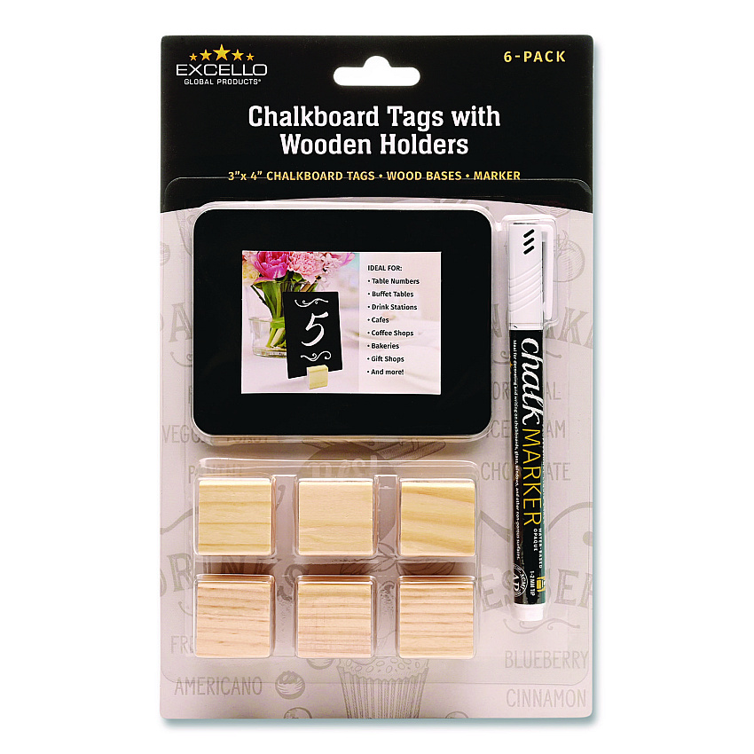 General Printing & Design Tabletop Chalkboard Tag, Black Surface, Teak Wood Holder, 3 x 4, 6/Pack (EGPHD0508S)