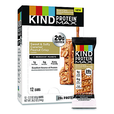 KIND Protein MAX Bar, Sweet and Salty Caramel Peanut Crisp, 2.2 oz Bar, 12/Box (PHW43475)
