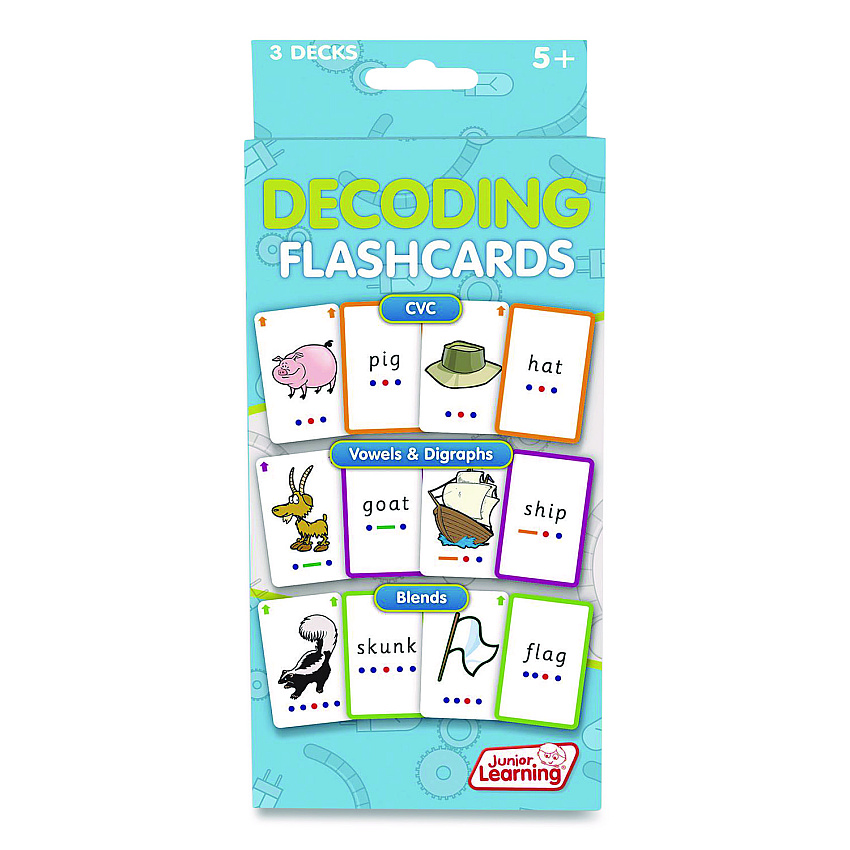 Junior Learning Inc Decoding Flashcards: Blend Patterns, CVC Words, Vowels/Digraphs, Grades K to 1, Assorted Colors, 54 Cards/Deck, 3 Decks (211)