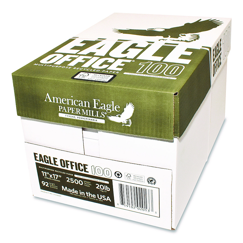 American Eagle Paper Mills Recycled Multipurpose Paper, 92 Bright, 20 lb Bond Weight, 11 x 17, White, 500/Ream, 5 Reams/Carton (31550503CT)