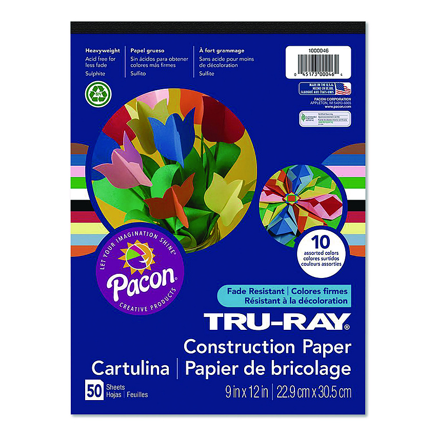 Pacon Tru-Ray Construction Paper, 9 x 12, Assorted Colors, 50 Sheets/Pad (P1000046)