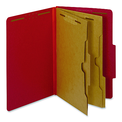 Pendaflex Colored Pressboard Top Tab Classification Folders, 2.5" Expansion, 2 Dividers, 6 Fasteners, Legal Size, Bright Red, 10/Box (29082P)