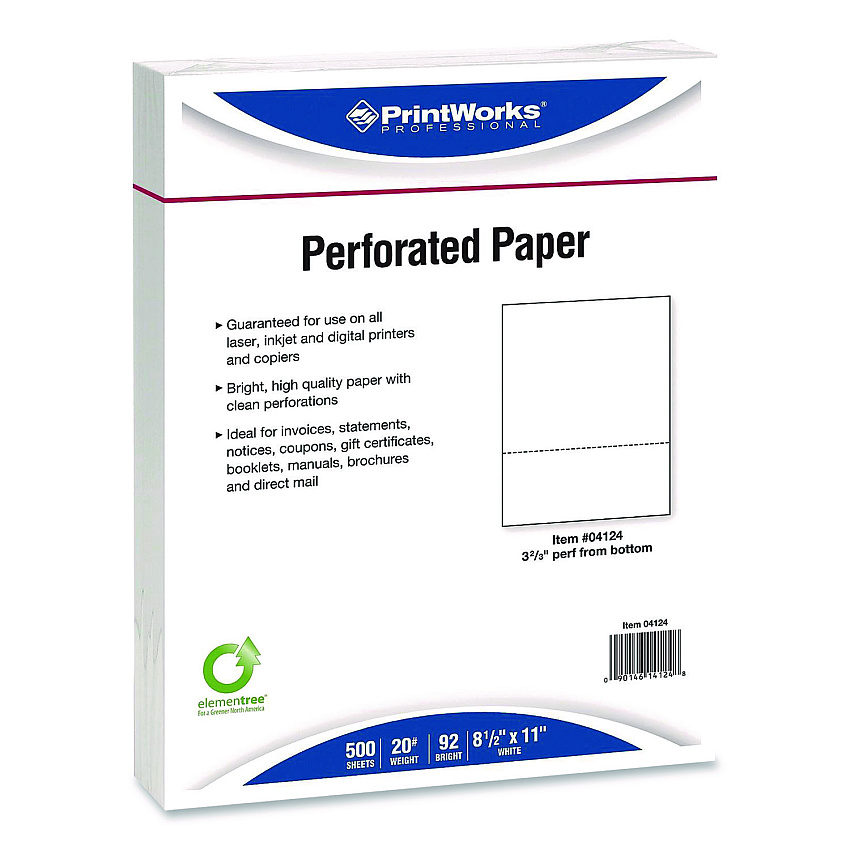 Printworks Perforated Paper, 92 Bright, Perforated 3.66" from Bottom, 8.5 x 11, White, 500 Sheets/Ream, 5 Reams/Carton (04124P)