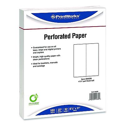 Printworks Perforated Paper, 92 Bright, Perforated 4.25" from Left, 8.5 x 11, White, 500 Sheets/Ream, 5 Reams/Carton (04339)
