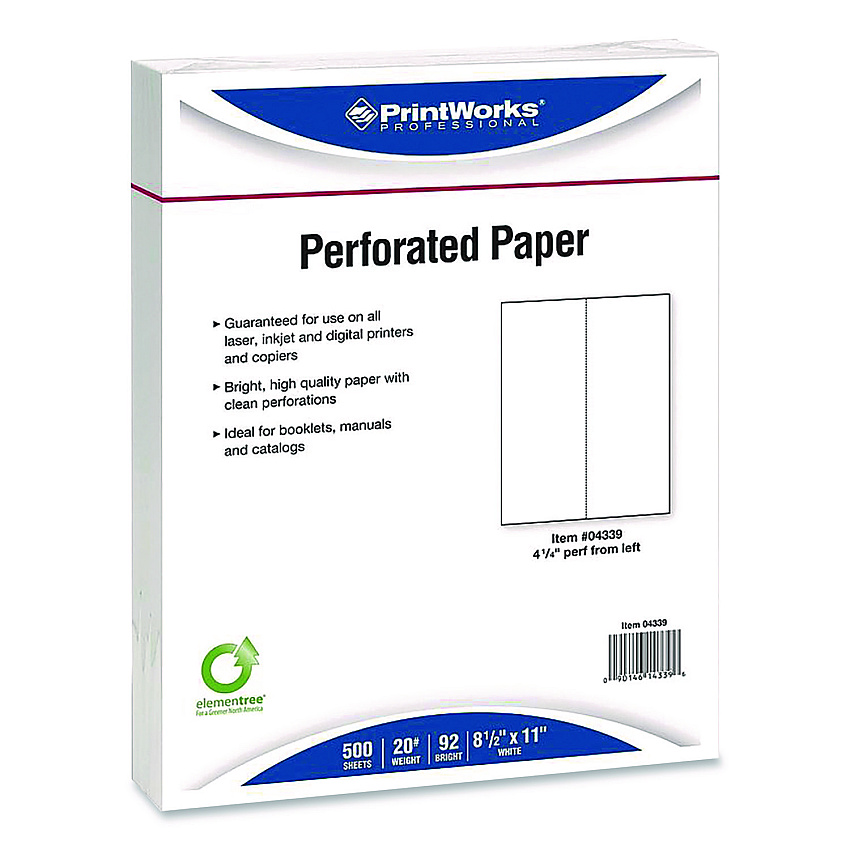 Printworks Perforated Paper, 92 Bright, Perforated 4.25" from Left, 8.5 x 11, White, 500 Sheets/Ream, 5 Reams/Carton (04339)