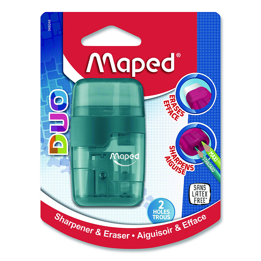 Maped Helix DUO 2-Hole Canister Pencil Sharpener/Eraser Combo, 3.74 x 1.08 x 4.92, Randomly Assorted Colors (049249)