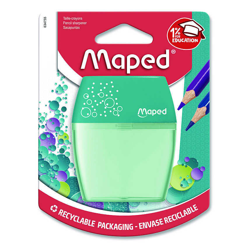 Maped Helix Shaker Two-Hole Canister Pencil Sharpener, 3.74 x 1.02 x 4.92, Randomly Assorted Color (634755)