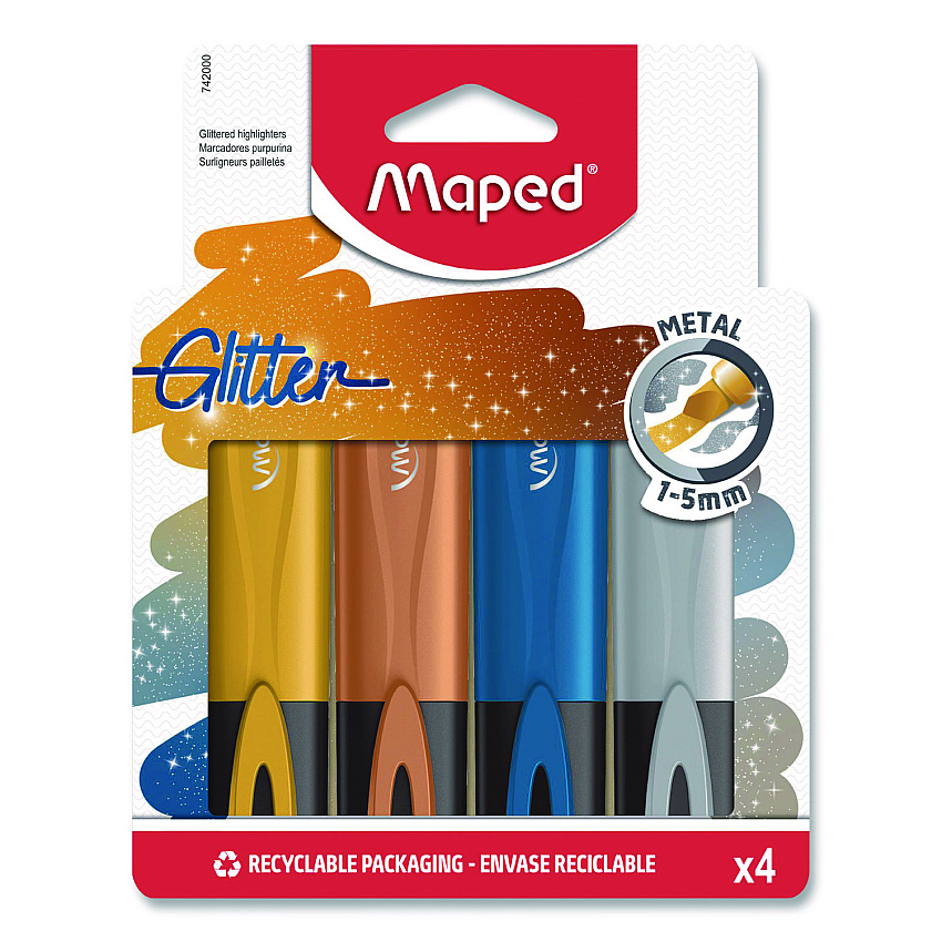 Maped Helix Fluo Peps Metallic Glitter Highlighter, Assorted Ink, Chisel Tip, Assorted Barrel, 4/Pack (742000)