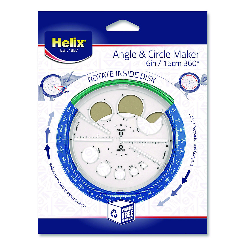 Maped Helix 360 Degree Angle and Circle Maker 2-in-1 Protractor and Compass Tool, 2" Ruler Edge, Plastic, Randomly Assorted Color (36002)