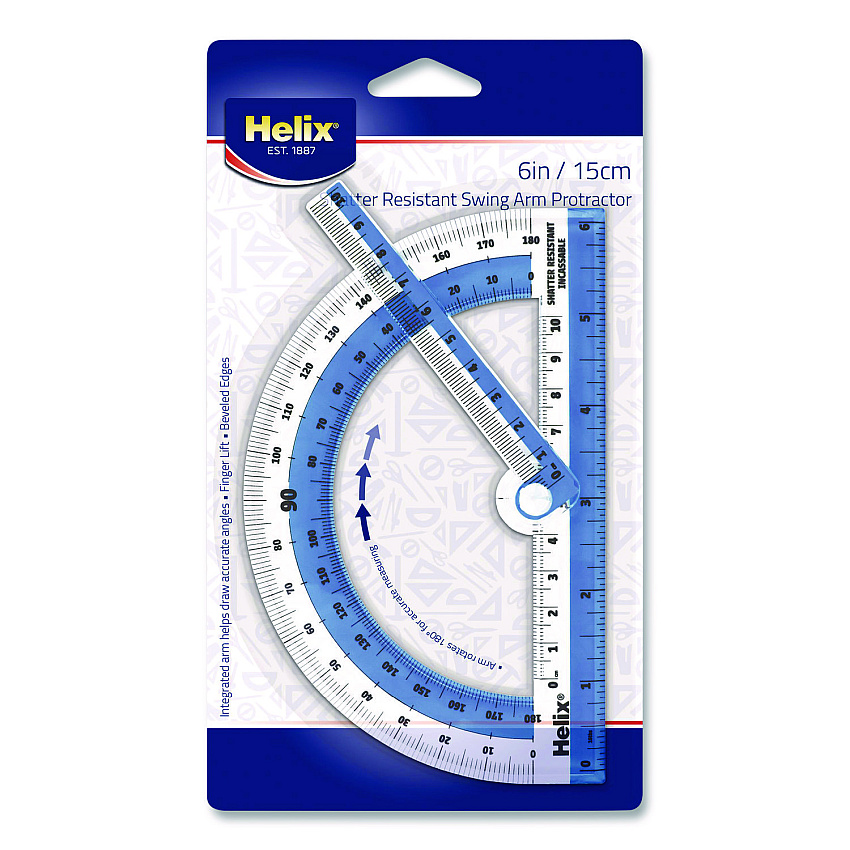 Maped Helix 180 Degree Shatter Resistant Swing Arm Protractor, 6" Ruler Edge/10 cm Ruler Edge, Plastic, Randomly Assorted Color (60009)