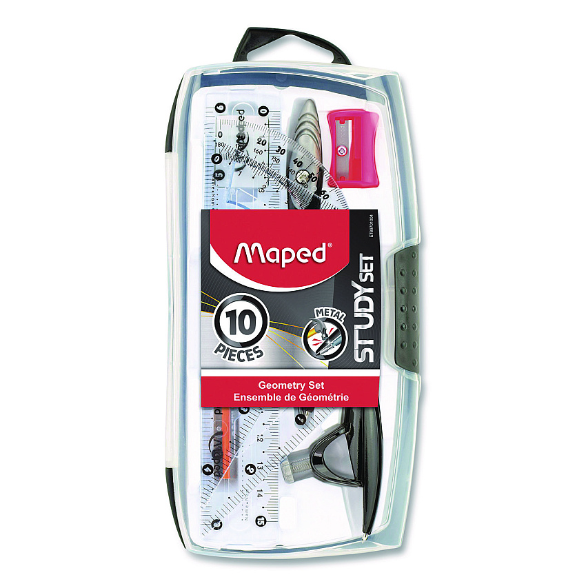 Maped Helix Metal Compass and Geometry Set, Metal/Plastic, Black/Clear, 10 Pieces (897010)