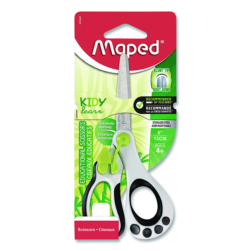 Maped Helix Kidy Spring-Assisted Educational Scissors Rounded Tip, 5.41" Long, 2" Cut Length, Straight White/ Black Handle (470249US)