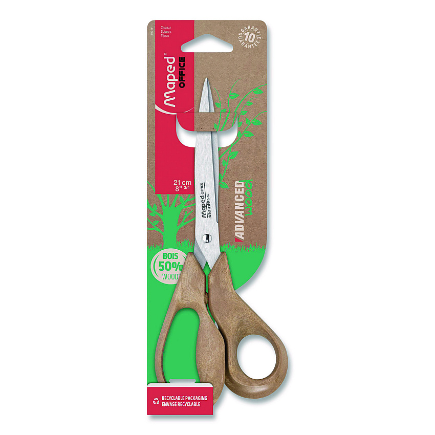 Maped Helix Advanced Wood Multipurpose Scissors, 8.25" Long, 4.75" Cut Length, Straight Brown Handle (499111FM)