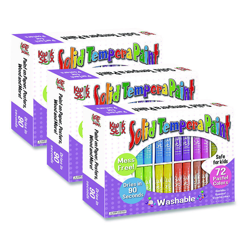 TPG Creations Kwik Stix Tempera Paint Set, Regular Size, 0.7" x 3.5", 12 Assorted Colors, 72/Pack, 2 Packs/Carton (69203)