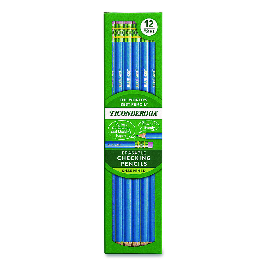 Ticonderoga Erasable Colored Pencils, 2.6 mm, 2B (#2), Blue Lead, Blue Barrel, 12/Pack (142090002)