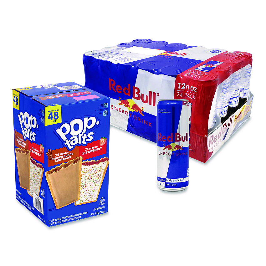 Snack Box Pros Red Bull Energy Drink and Pop Tart Combo Pack,(24) 12oz Cans,(24) Frosted Strawberry/(24) Frosted Brown Sugar Cinnamon/Bundle (60004173)