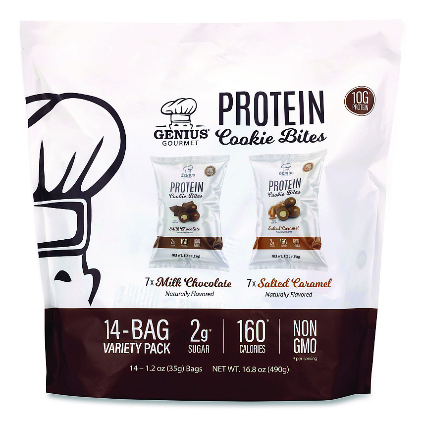 Genius Gourmet Protein Cookie Bites Variety Pack, Salted Caramel and Milk Chocolate, 1.2 oz Bag, 14/Box (22002521)