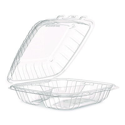 Dart Microwaveable Hinged Containers, ProPlanet, 3 Compartments, 9 x 8.75 x 3, Clear, Plastic,150/Carton (90PPHT3)