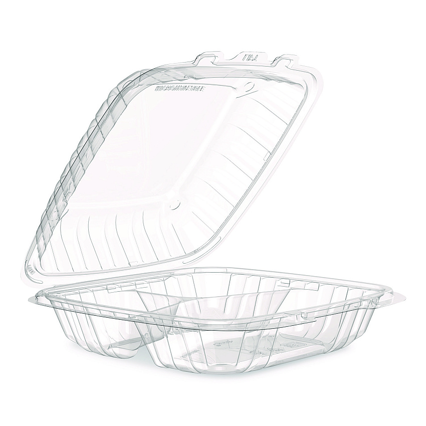 Dart Microwaveable Hinged Containers, ProPlanet, 3 Compartments, 9 x 8.75 x 3, Clear, Plastic,150/Carton (90PPHT3)