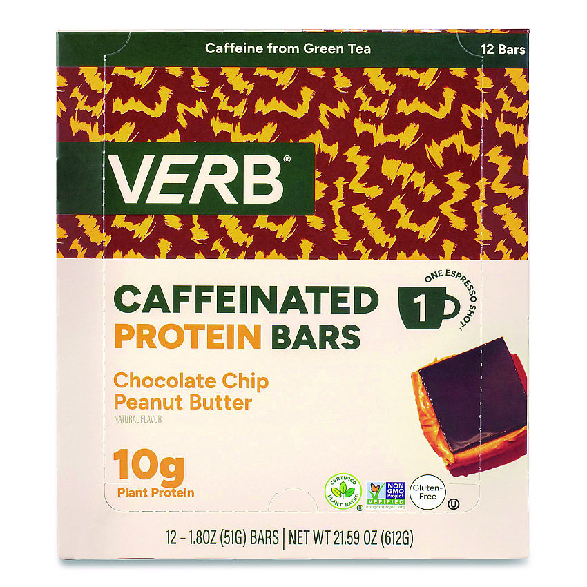 VERB Energy Caffeinated Protein Bar, Chocolate Chip Peanut Butter, 1.8 oz Bar, 12/Box (22002522)