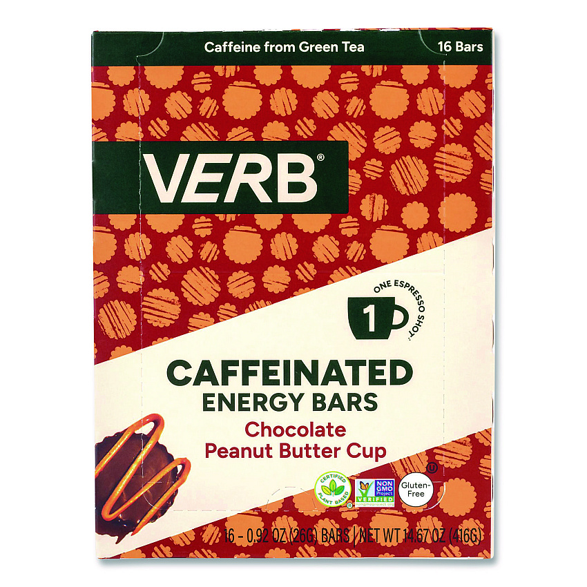 VERB Energy Caffeinated Energy Bar, Chocolate Peanut Butter Cup, 0.92 oz Bar, 16/Box (22002524)