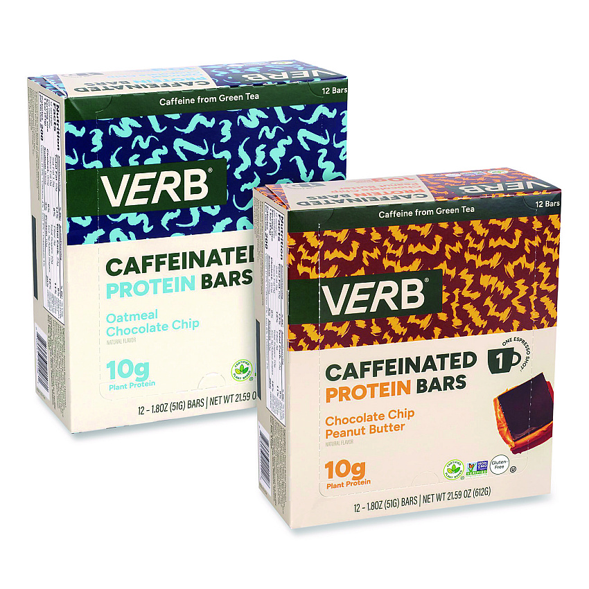 VERB Energy Caffeinated Protein Bar, Chocolate Chip Peanut Butter and Oatmeal Chocolate Chip, 1.8 oz Bar, 24/Box (60004177)