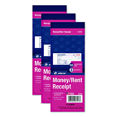 Adams Multipart Money/Rent Receipt Book, Three-Part Carbonless, 6.69 x 2.75, 50 Receipts/Book, 3 Books/Pack (D2701)