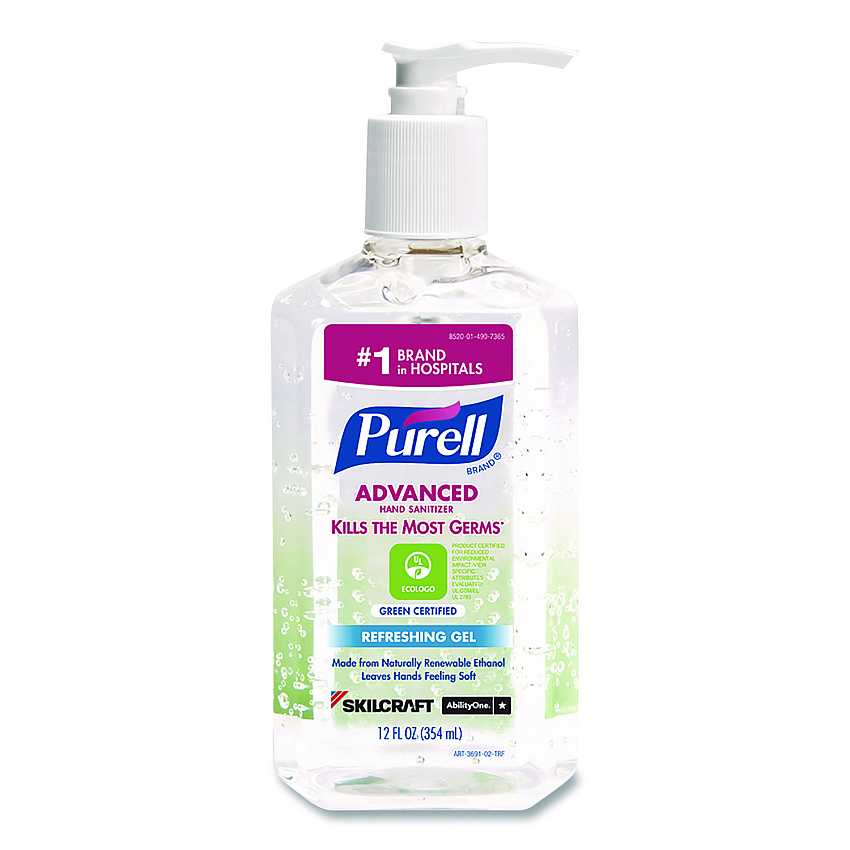 AbilityOne 8520014907365, SKILCRAFT Advanced Green Certified Instant Hand Sanitizer Gel, 12 oz Pump Bottle, Unscented, 12/Box