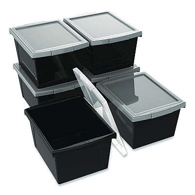 Storex Storage Bin with Lid, 4 gal, 11.25" x 11.25" x 7.87", Black, 6/Pack (61427U06C)