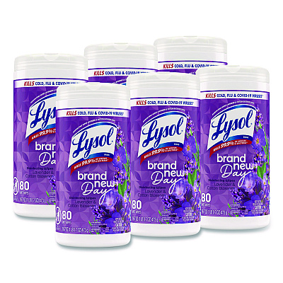 LYSOL Disinfecting Wipes, 1-Ply, 7 x 7.25, Lavender and Cotton Blossom, White, 80 Wipes/Canister, 6 Canisters/Carton (56264CT)