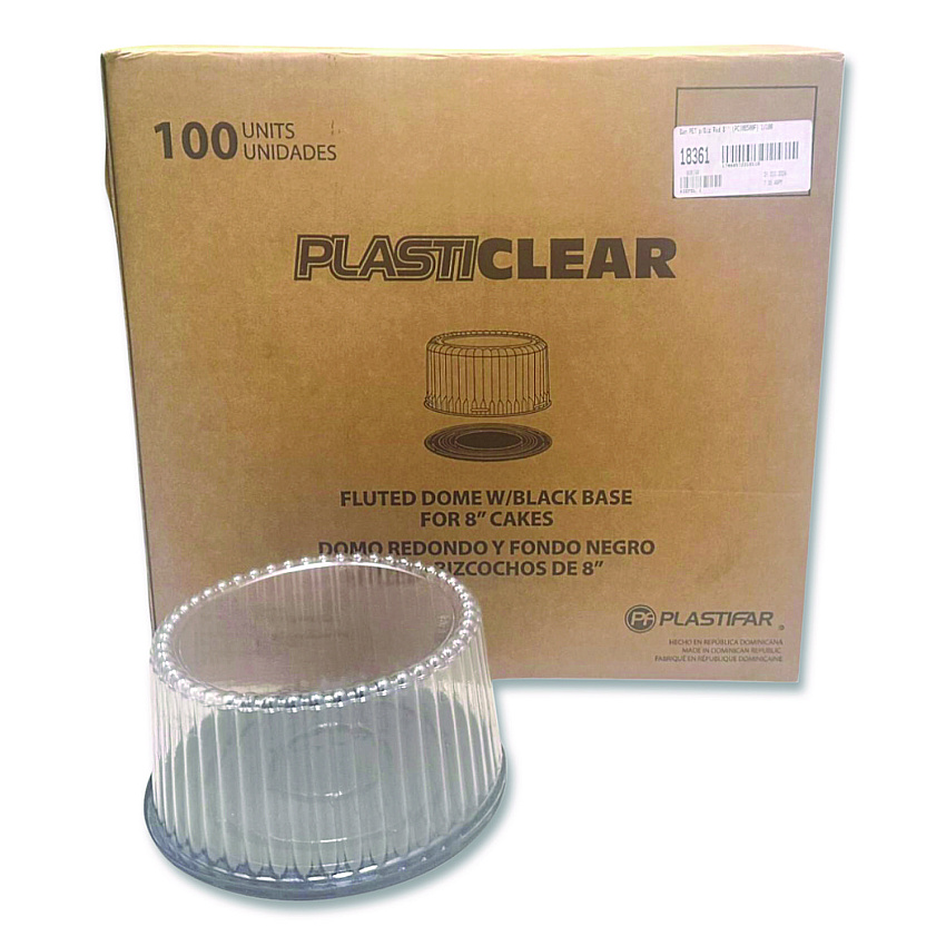 Plastifar Bakery Containers, 8" Cake, 9.7" Diameter x 5" h, Black/Clear, 100/Carton (18361)