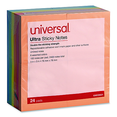 Universal Ultra Sticky Note Pads, 3" x 3", Assorted, 100 Sheets/Pad, 24 Pads/Pack (35631)