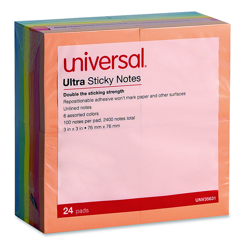 Universal Ultra Sticky Note Pads, 3" x 3", Assorted, 100 Sheets/Pad, 24 Pads/Pack (35631)
