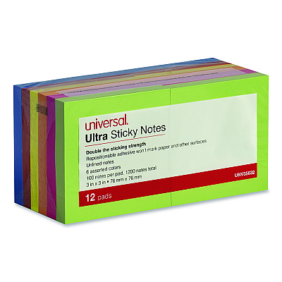 Universal Ultra Sticky Note Pads, 3" x 3", Assorted, 100 Sheets/Pad, 12 Pads/Pack (35632)