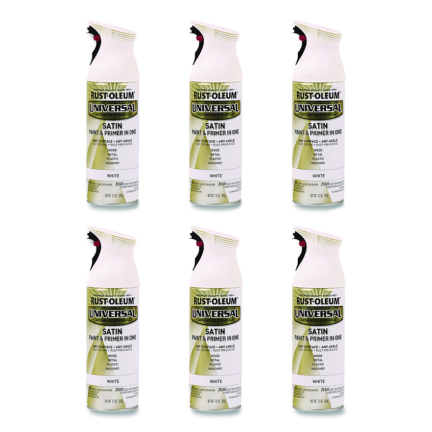 Rust-Oleum Universal Premium Spray Paint, Satin White, 12 oz Aerosol Can, 6/Carton (245210)