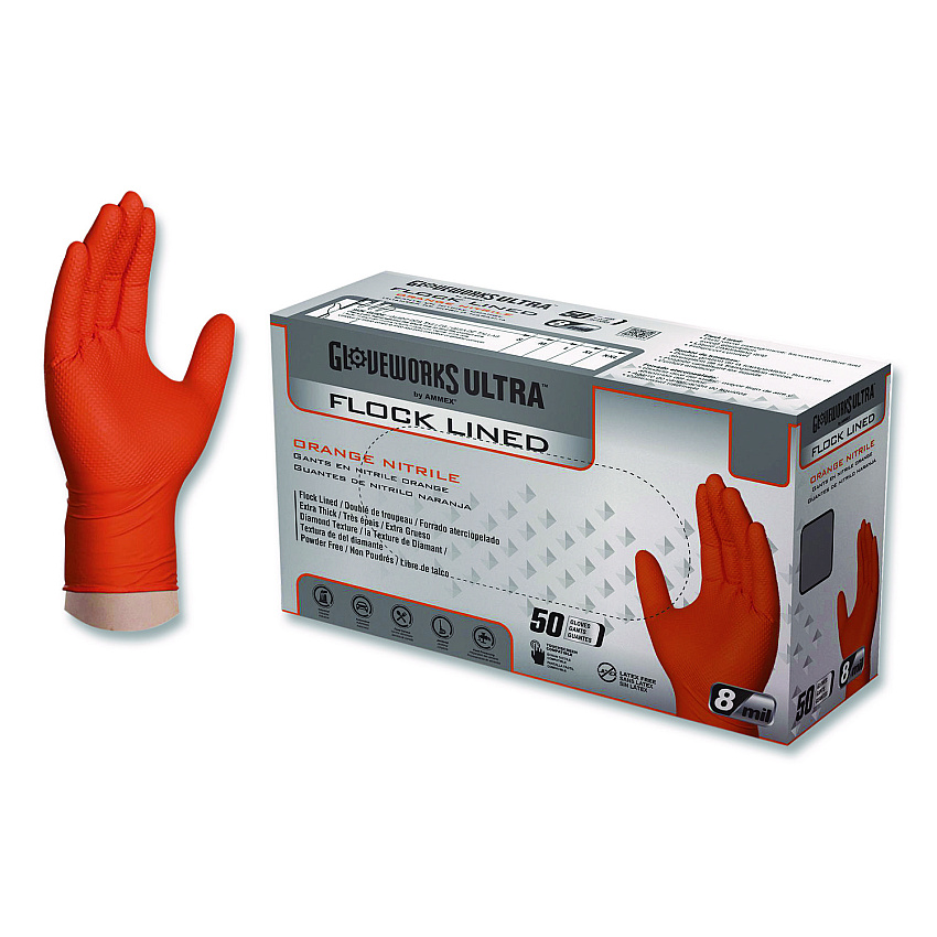 GloveWorks by AMMEX Ultra Industrial Flock-Lined Nitrile Disposable Gloves, X-Large, 6 mil Thick, 9.06" Long, Orange, 50/Box, 10 Boxes/Carton (GWUOFN48050)
