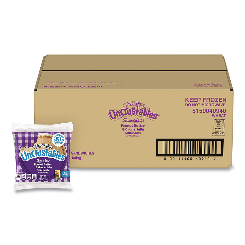 Smucker's UNCRUSTABLES Peanut Butter and Grape Jelly on Wheat Bread, 2.6 oz Bag, 48/Carton (22002219)