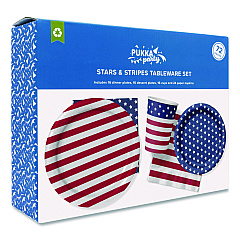 PUKKA PAD Stars and Stripes Tableware Pack, 16 Cups,16 Dessert Plates,16 Dinner Plates, 24 Paper Napkins, Blue/Red/White, 72 Pieces/Kit (642)