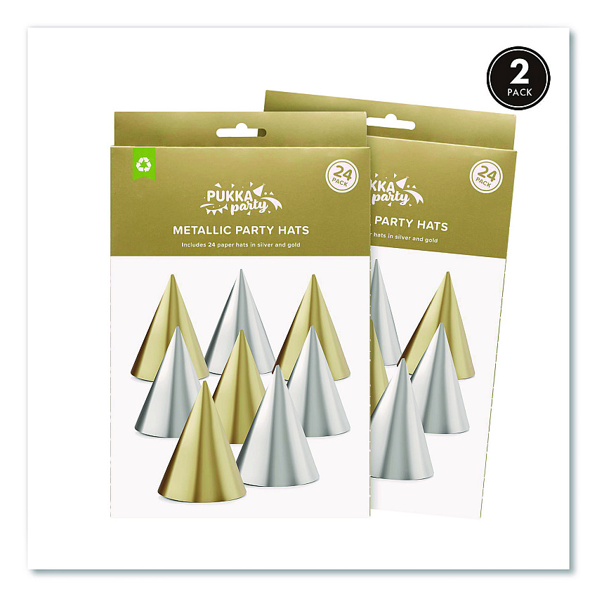 PUKKA PAD Silver and Gold Party Hats, Paper, 4.3 x 6, 24/Pack, 2 Packs/Box (649)