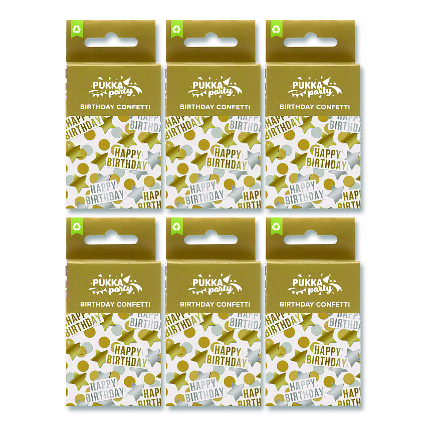 PUKKA PAD Gold and Silver Birthday Confetti, Circles, Stars, Happy Birthday Shaped, 1 x 2, Gold/Silver, 3/Pack, 2 Packs/Box (658)