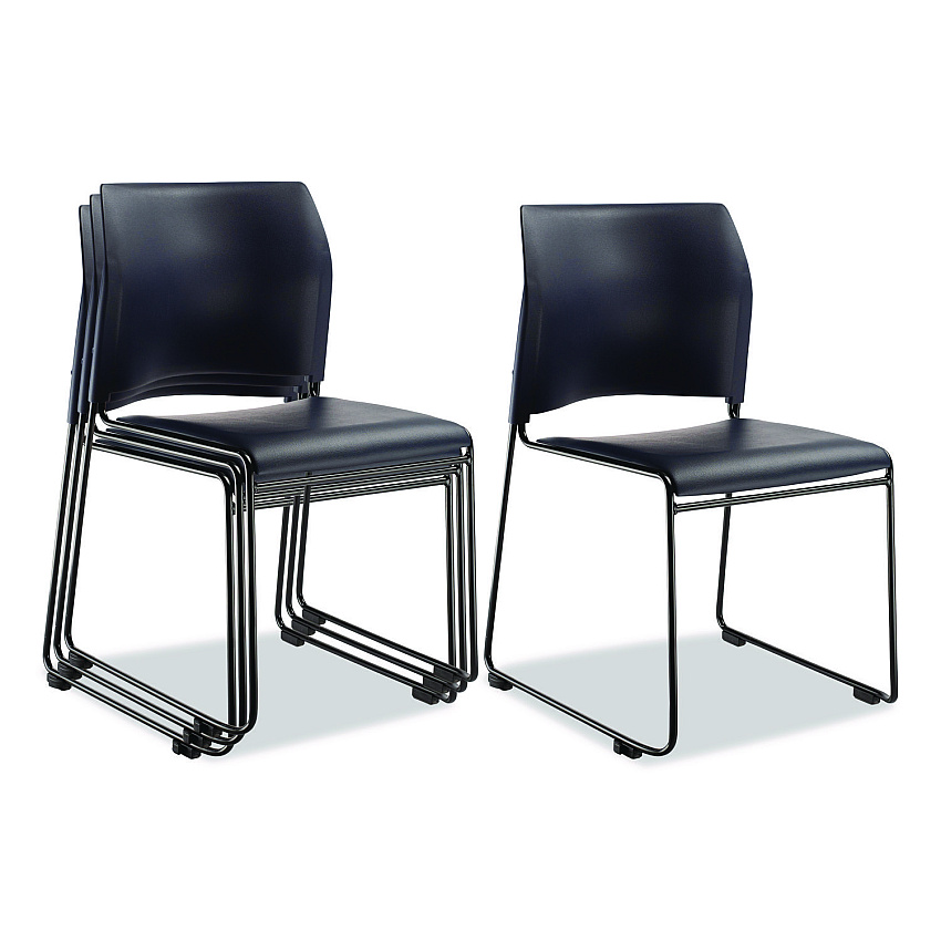 NPS 8700 Series Cafetorium Plush Vinyl Stack Chair, Supports Up to 500 lb, 18" Seat Height, Blue Seat/Back, Black Base, 4/Carton (870410044)