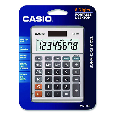 Casio MS80B 8-Digit Battery and Solar Basic Calculator, LCD, Silver (MS80BSR)