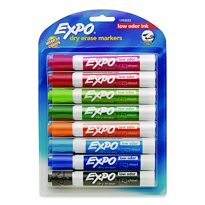 EXPO Low-Odor Dry-Erase Markers, Broad Chisel Tip, Assorted Colors, 8/Pack (1743032)