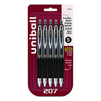 uniball Signo 207 Gel Pen, Retractable, Fine 0.5 mm, Black Ink, Smoke/Black Barrel, 5/Pack (1960240)