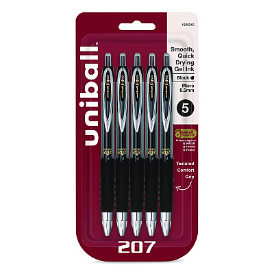 uniball Signo 207 Gel Pen, Retractable, Fine 0.5 mm, Black Ink, Smoke/Black Barrel, 5/Pack (1960240)