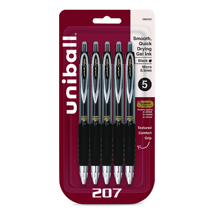 uniball Signo 207 Gel Pen, Retractable, Fine 0.5 mm, Black Ink, Smoke/Black Barrel, 5/Pack (1960240)