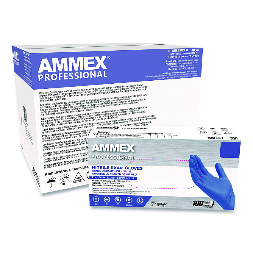AMMEX Professional Nitrile Exam Gloves, Powder-Free, Medium, 3 mil Thick, 9.5" Long, Blue, 100/Box, 10 Boxes/Carton (ACNPF44100)