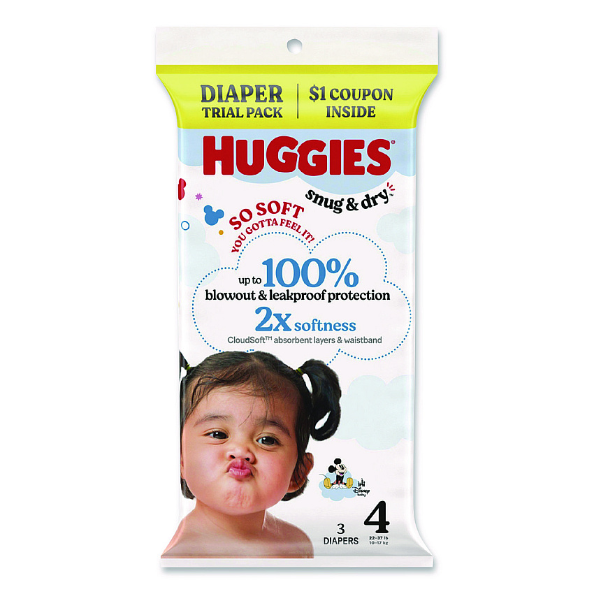 Huggies Snug and Dry, Size 4, 22 lbs to 37 lbs, Disney Design, 3 Diapers/Pack, 30 Packs/Carton (57030)