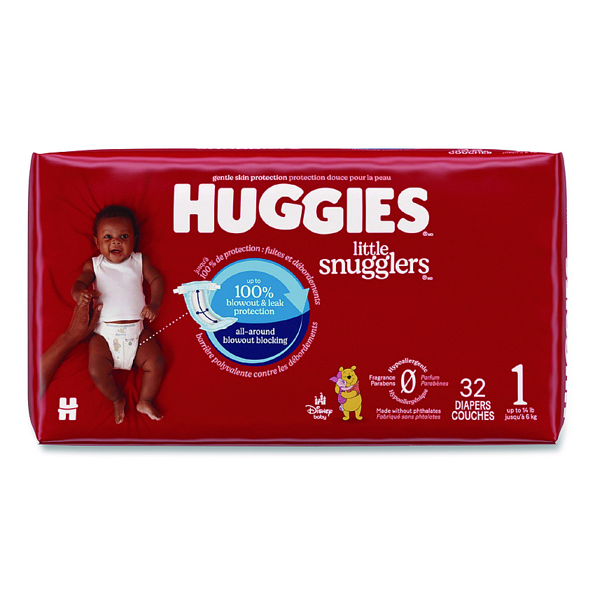 Huggies Little Snugglers Baby Diapers, Size 1, 8 lbs to 14 lbs, Disney Design, 32 Diapers/Pack, 4 Packs/Carton (49695)